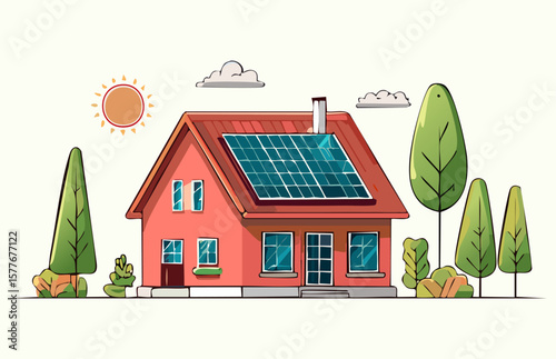 Flat vector of a red residential house with rooftop solar panels under sunny sky, representing sustainable energy and eco-friendly modern home architecture