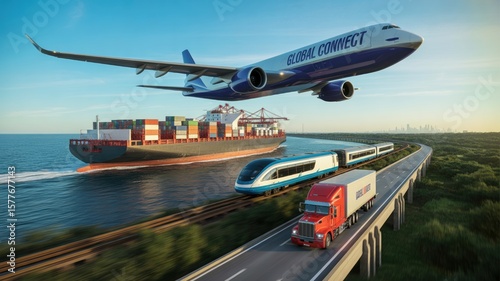 Wallpaper Mural A dynamic scene featuring an airplane flying over a cargo ship and a truck, illustrating global connectivity in transportation. Torontodigital.ca