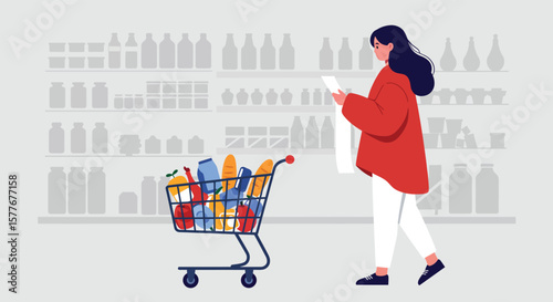 A woman checks her shopping list while walking with a full grocery cart in a supermarket aisle, surrounded by shelves stocked with various products