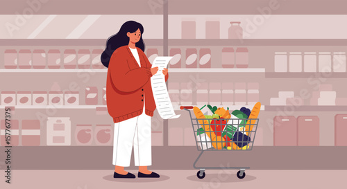 A woman checks her shopping list while walking with a full grocery cart in a supermarket aisle, surrounded by shelves stocked with various products