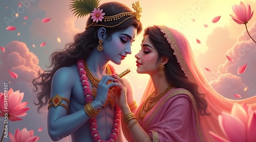 Lord krishna and radha share a tender moment surrounded by falling pink petals and lotus flowers in a serene sky at sunset