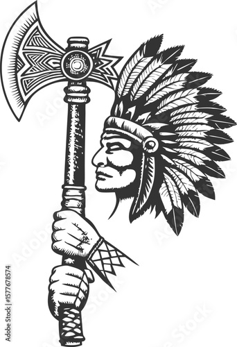 Native American Indian Chief with Tomahawk Axe