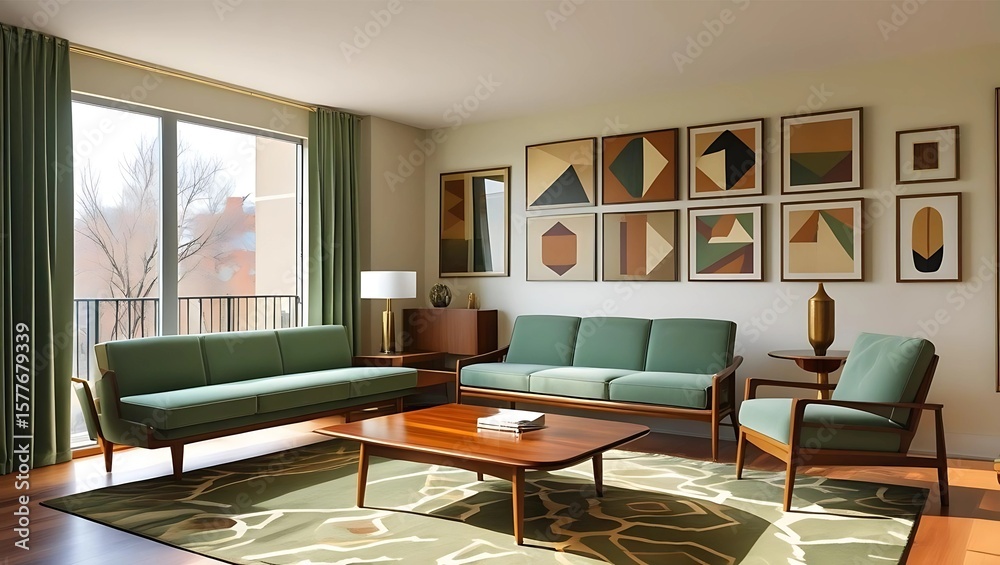 Fototapeta premium Mid-Century Modern Apartment Living Room with Warm Tones and Minimalist Furniture