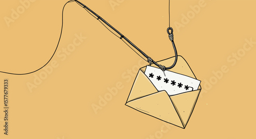 A phishing email with a password is being caught by a fishing hook, representing the dangers of online scams and the importance of cybersecurity