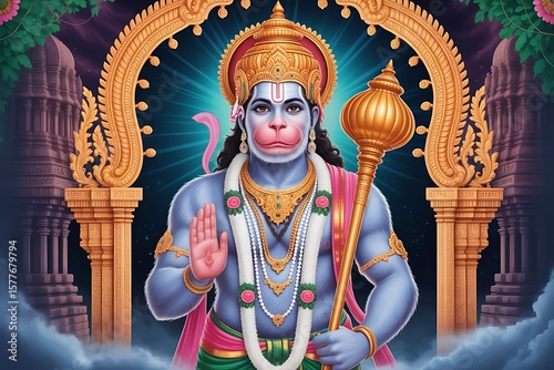 Majestic lord hanuman depicted with a blue complexion holding his golden mace adorned with ornate jewelry and a pink sash standing before ancient temple architecture