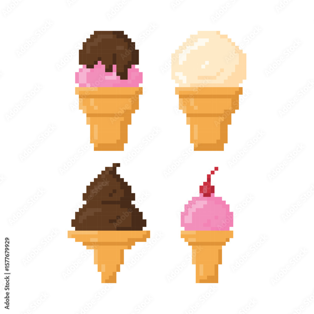 Various types of ice-cream cone flat icon vector. Pixel 8bit style