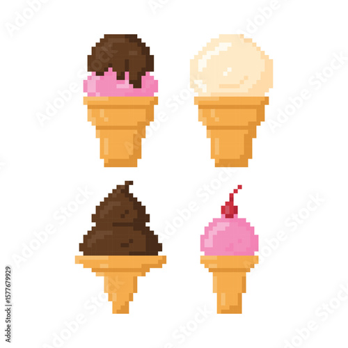 Various types of ice-cream cone flat icon vector. Pixel 8bit style