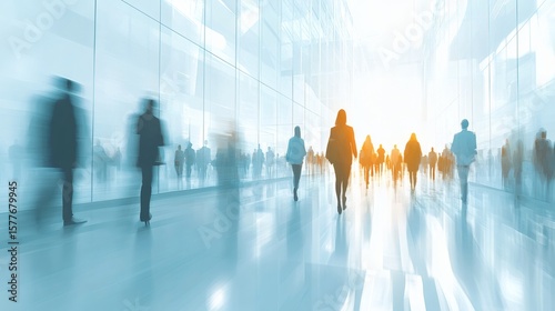 Blurred business people walking in a modern glass building.