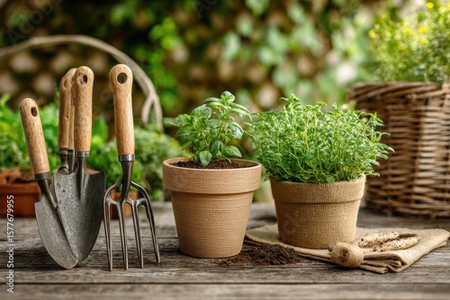 A gardening setup with tools, a clay pot, and a small plant in a home garden under warm sunlight, peaceful and organized scene with focus on natural care and lifestyle