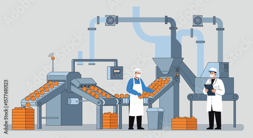 In a food production factory, workers oversee the conveyor belt carrying products, ensuring quality control and safety standards are met