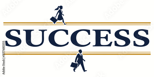 Silhouette of business people walking above and below the word success with gold lines design
