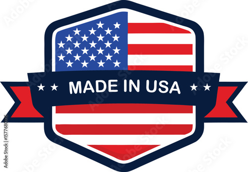 made in usa badge emblem with american flag colors, vector patriotic icon