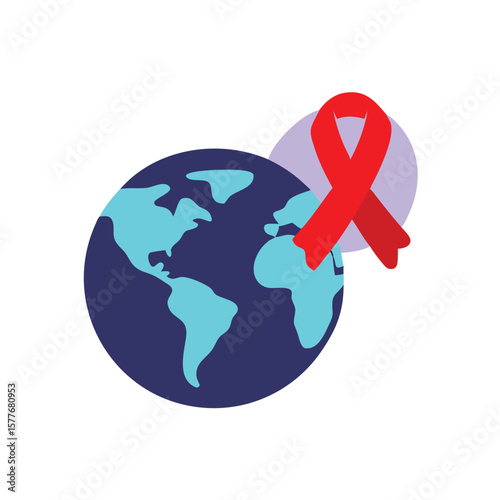 World globe with continents red ribbon symbol on a light purple circle for hepatitis day awareness