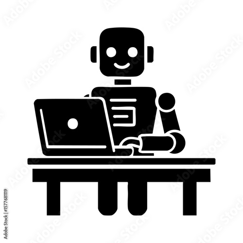Robot at a desk using a laptop, suitable for technology, AI, programming, and innovation concepts. Futuristic, robotic, digital workspace.