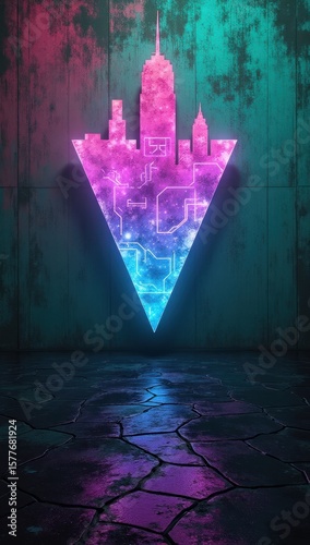 Neon glowing triangles on concrete walls background. Abstract cyberpunk background. AI generative.