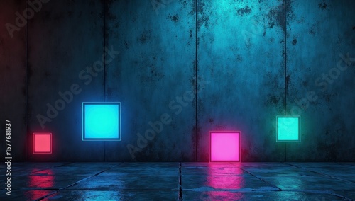 Neon squares on concrete walls background. Cyberpunk style background. AI generative.