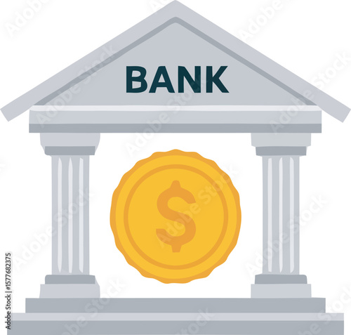 A stylized illustration of a bank building with a golden coin featuring a dollar sign.