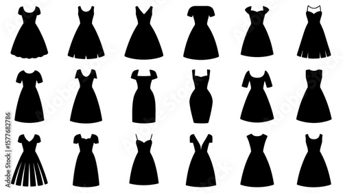 A Black and White Illustration of Various Vintage Dress Silhouettes