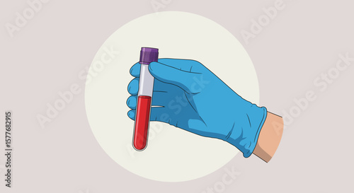 A gloved hand holds a test tube filled with a red liquid, possibly blood, for medical analysis and research