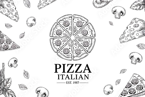 A Hand-Drawn Black and White Illustration of Delicious Italian Pizza