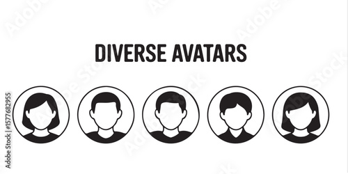 Illustration of five diverse avatars in circles with black outlines and white backgrounds displayed
