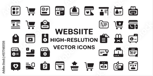 A collection of various black and white vector icons related to online shopping and e commerce