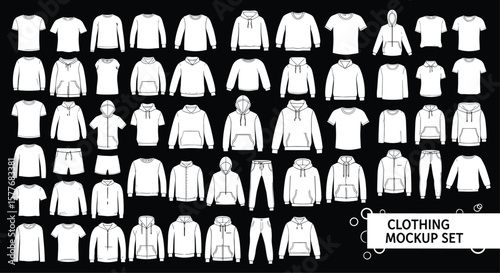 Clothing mockup set CAD drawing flat vector illustration, apparel templates, t-shirts, hoodies, pants, shorts, jackets, modern fashion layout