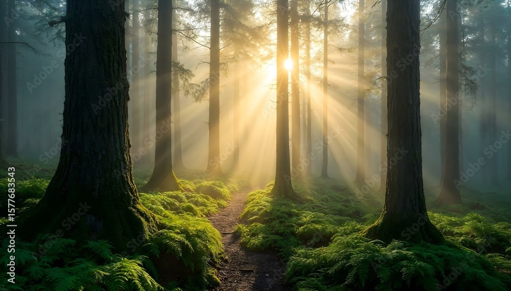 Obraz premium HD photography of a dense pine forest covered in early morning mist, golden sunlight streaming through tall trees, highlighting lush green moss and ferns on the forest floor. Dewdrops on leaves, soft 
