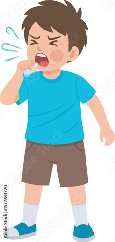 A young boy coughing, showing signs of illness or sickness.