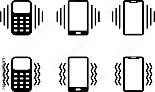 Phone ring with vibration icons. Smartphone sound profile, ringtone symbols, and vibration mode icon set for app and ui. Transparent PNG and vector illustration.