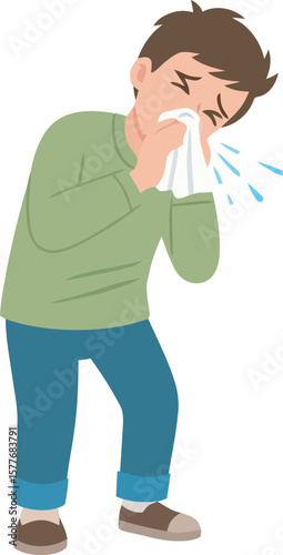 A cartoon illustration of a man sneezing into a tissue, with visible droplets.