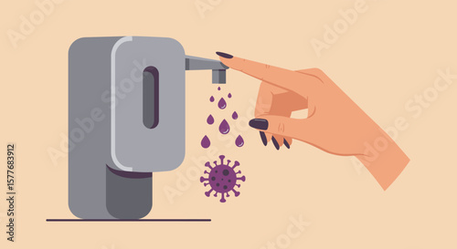 A hand is pressing a sanitizer pump to kill the virus, promoting hygiene and health