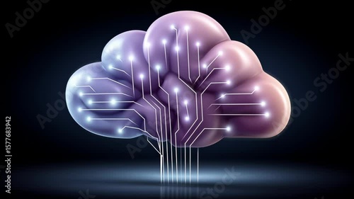 Futuristic digital cloud glowing with circuit lines in purple and blue, symbolizing technology, network connection, and data flow in dark background