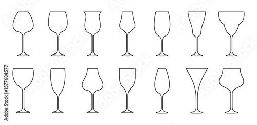 Set of black wine glass line icons vector