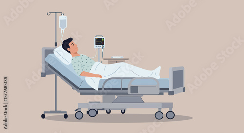 A man is lying in a hospital bed with an iv drip attached, receiving medical treatment and care