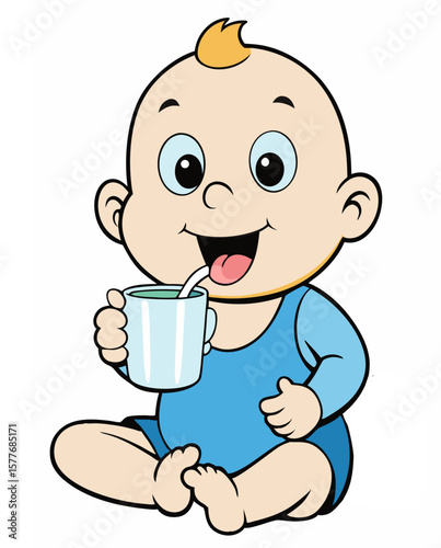 A vector cartoon baby smilingly drinks milk from a cup.