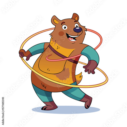 Funny Bear Tangled in Hula Hoop Vector Illustration. Cute Animal Character Struggling with Exercise in Hilarious Pose. White Background Comic Art.