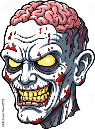 Fearsome evil cartoon zombie head illustration, creepy undead monster brain exposed, dripping blood, spooky Halloween horror vector graphic design
