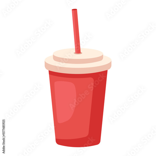 Simple bright cartoon illustration of a red takeaway soda cup with lid and straw. For fast food, beverage and refreshment-themed design. Flat vector. Isolated bacground. Minimal.