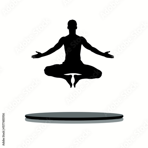 Silhouette of a man meditating in a floating pose on a platform  