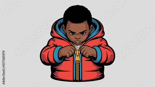 young boy with a determined expression zipping his winter coat, vector illustration for learning self-sufficiency, childhood development and winter preparedness