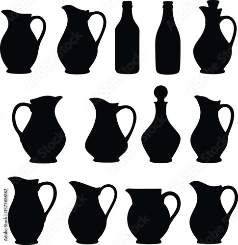 Vintage Jug & Bottle Silhouettes Assortment: Collection of diverse pitchers, decanters, and bottles, ideal for beverage, kitchen, and rustic decor designs.