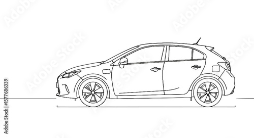 Line art hybrid car parked in minimalist style on white background  