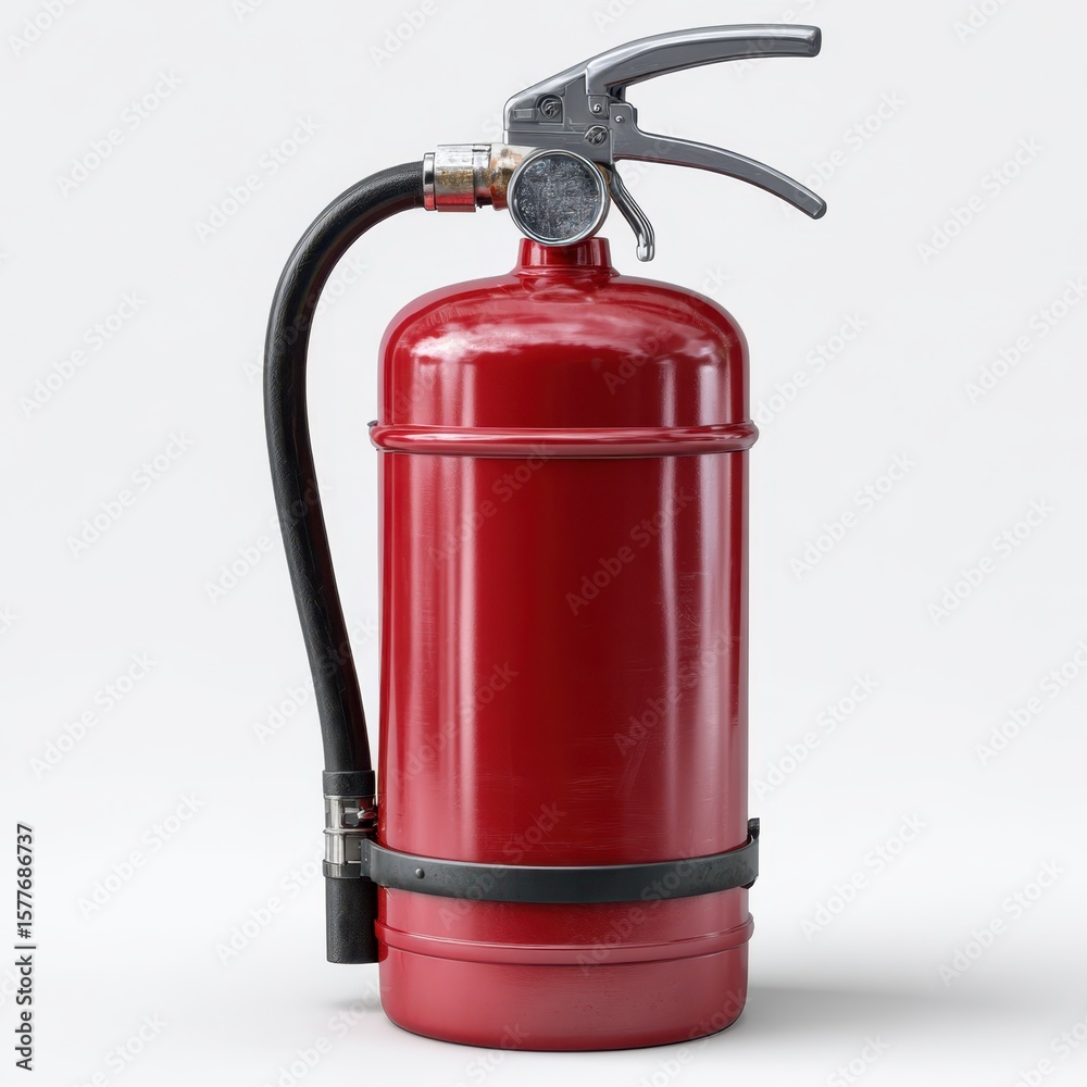 Obraz premium A bright red fire extinguisher with a silver handle and black hose isolated on white background
