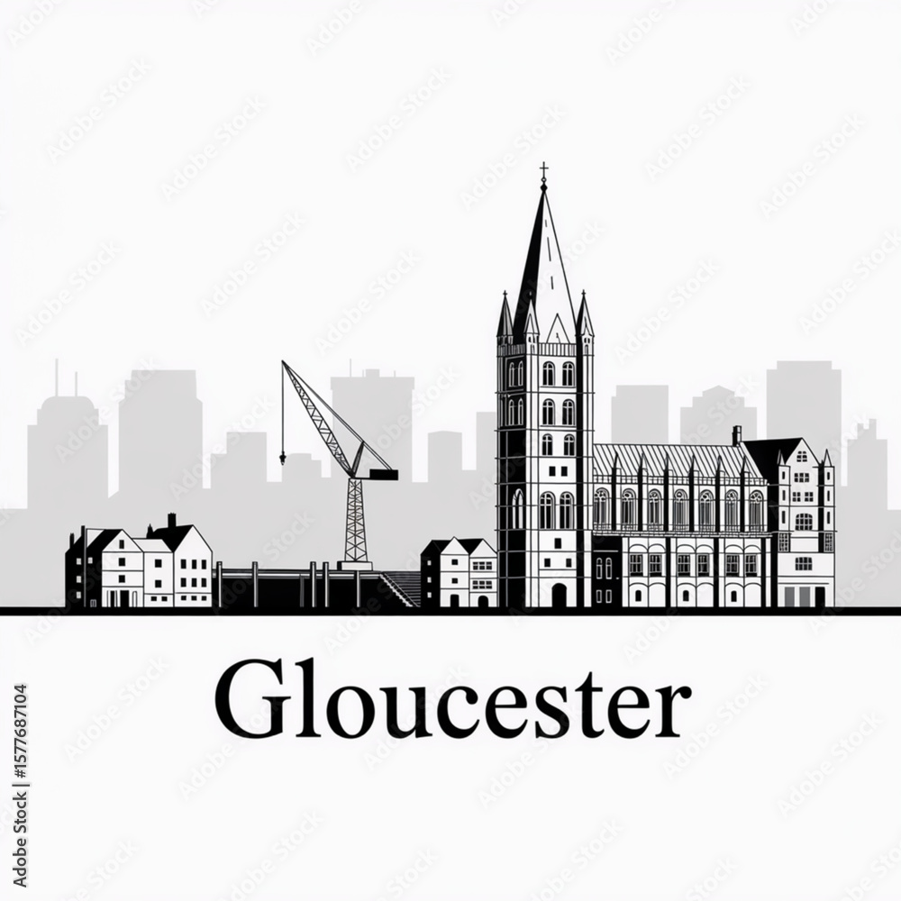 Naklejka premium Gloucester Skyline Silhouette - Historic British Cathedral City Vector Illustration