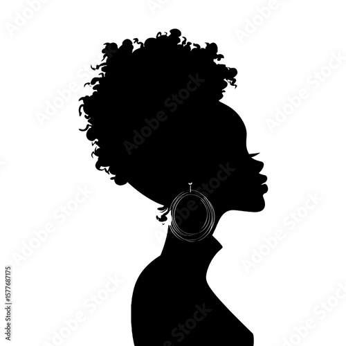 Silhouette of an African American woman with curly hair wearing earrings  