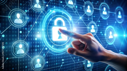 Data protection and privacy concept with hand touching digital lock