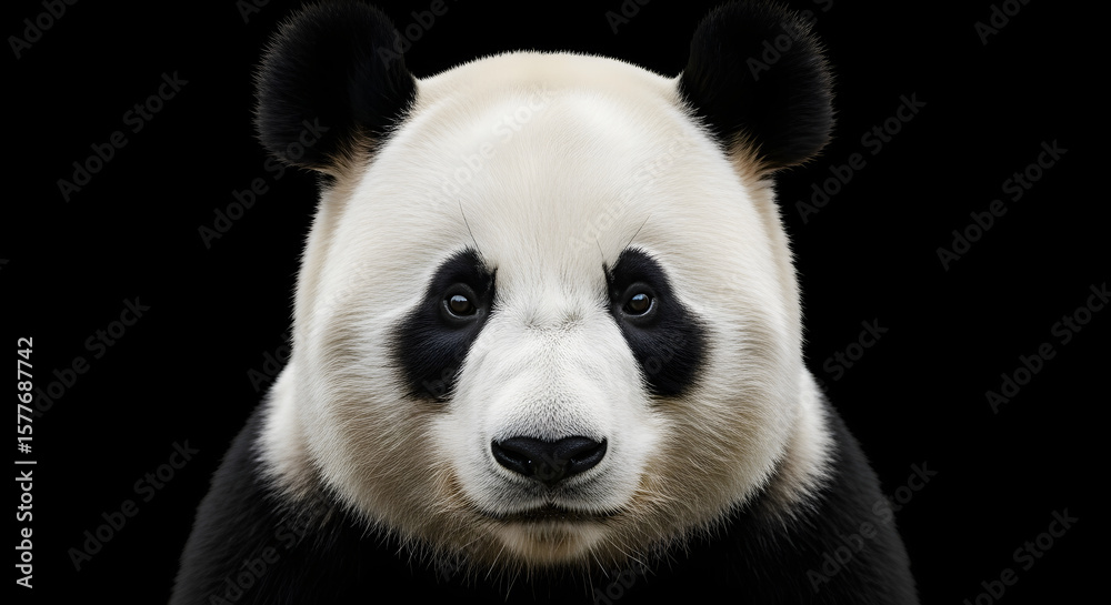 Fototapeta premium A gentle and endearing portrait of a giant panda against a simple black background. This iconic black and white bear symbolizes conservation, peace, and gentle strength.