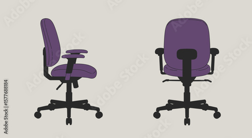 A purple adjustable office chair with armrests is displayed from the front, side, and back, showcasing its ergonomic design and comfortable support