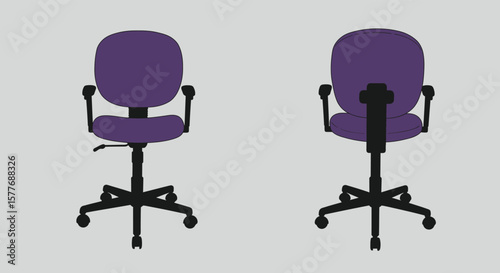 A purple adjustable office chair with armrests is displayed from the front, side, and back, showcasing its ergonomic design and comfortable support